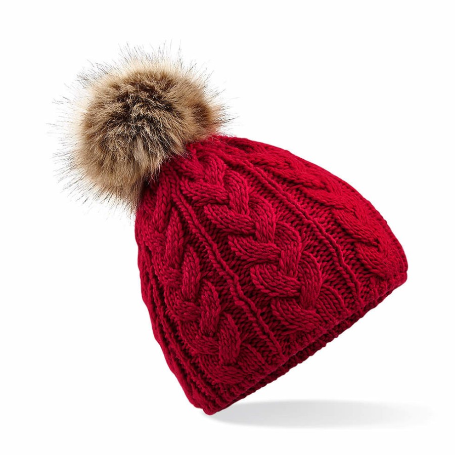 Faux Fur Pop Pom Cable Beanie