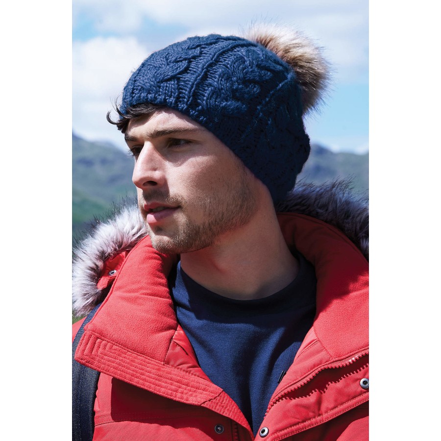 Faux Fur Pop Pom Cable Beanie – Bild 2