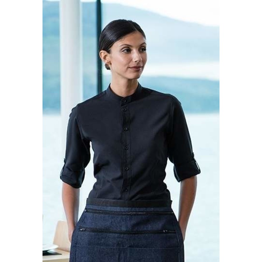 Damen Mandarin Shirt Roll Tab Sleeve