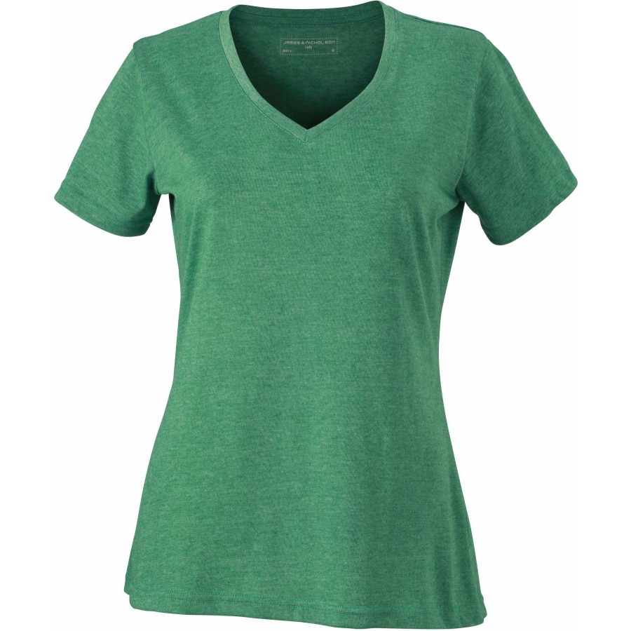 Damen V-Ausschnitt Melange T-Shirt